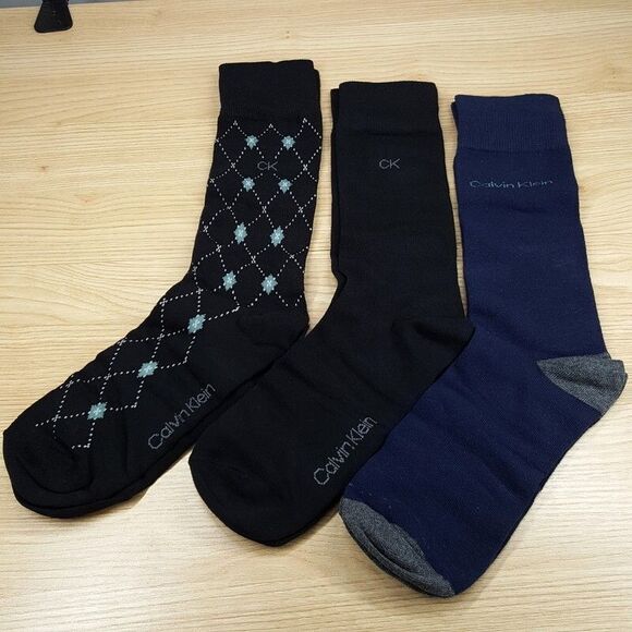 CALVIN KLEIN Mens Dress Socks 3-Pack Black Blue Cotton Blend Logo Size 7-12 - Picture 1 of 3